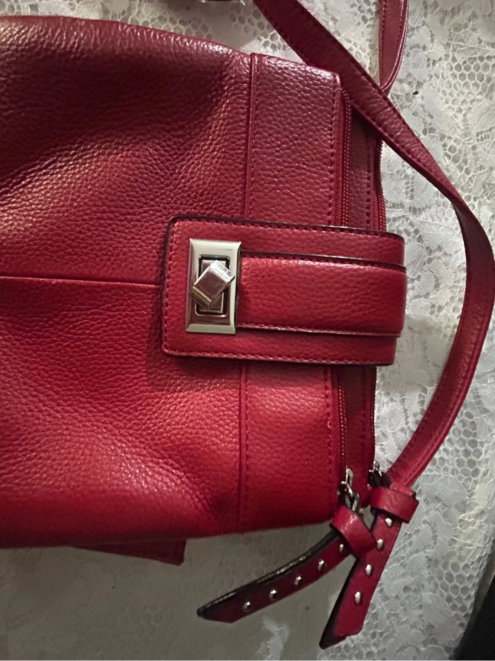 Tignanello Red Leather Multi-Compartment Crossbody Shoulder Bag